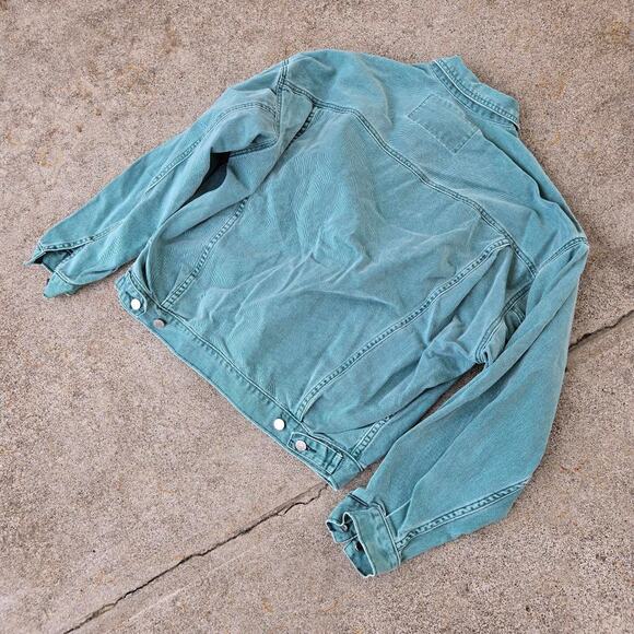 Vtg 90s GUESS JEANS Triangle Logo Patch Earthtone Wash Denim Trucker Jacket Lg - Picture 5 of 7